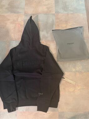 ESSENTIALS Men’s Black Crewneck Hoodie with Tonal Logo